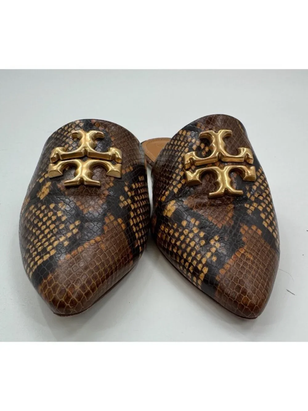 Tory Burch Eleanor Python-Print Leather Mules Gold Logo Size 10M Womens